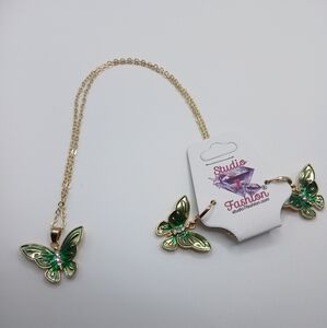 Green Gold Butterfly Necklace Earring Set